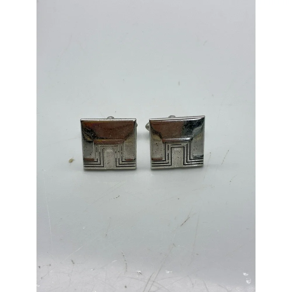 Vintage Silver Tone Geometric Cufflinks Lot of 2 Art Deco Square Trapezoid